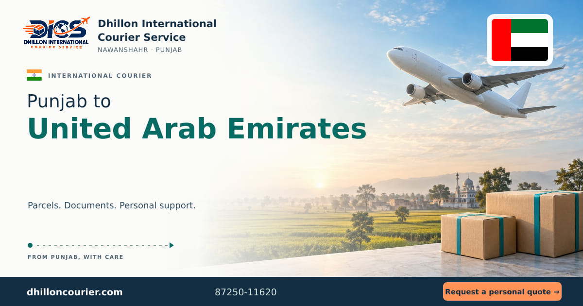 Punjab to United Arab Emirates: international courier artwork, with the destination flag, aircraft and parcels
