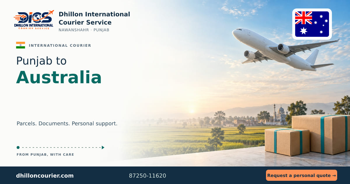 Punjab to Australia: international courier artwork, with the destination flag, aircraft and parcels