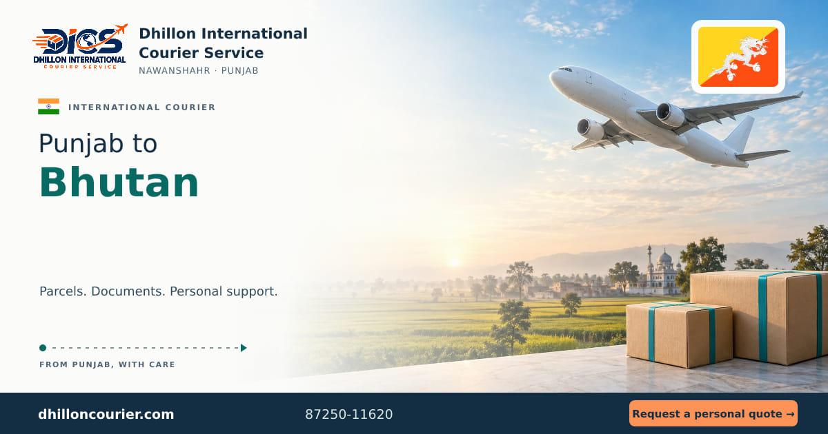 Punjab to Bhutan: international courier artwork, with the destination flag, aircraft and parcels