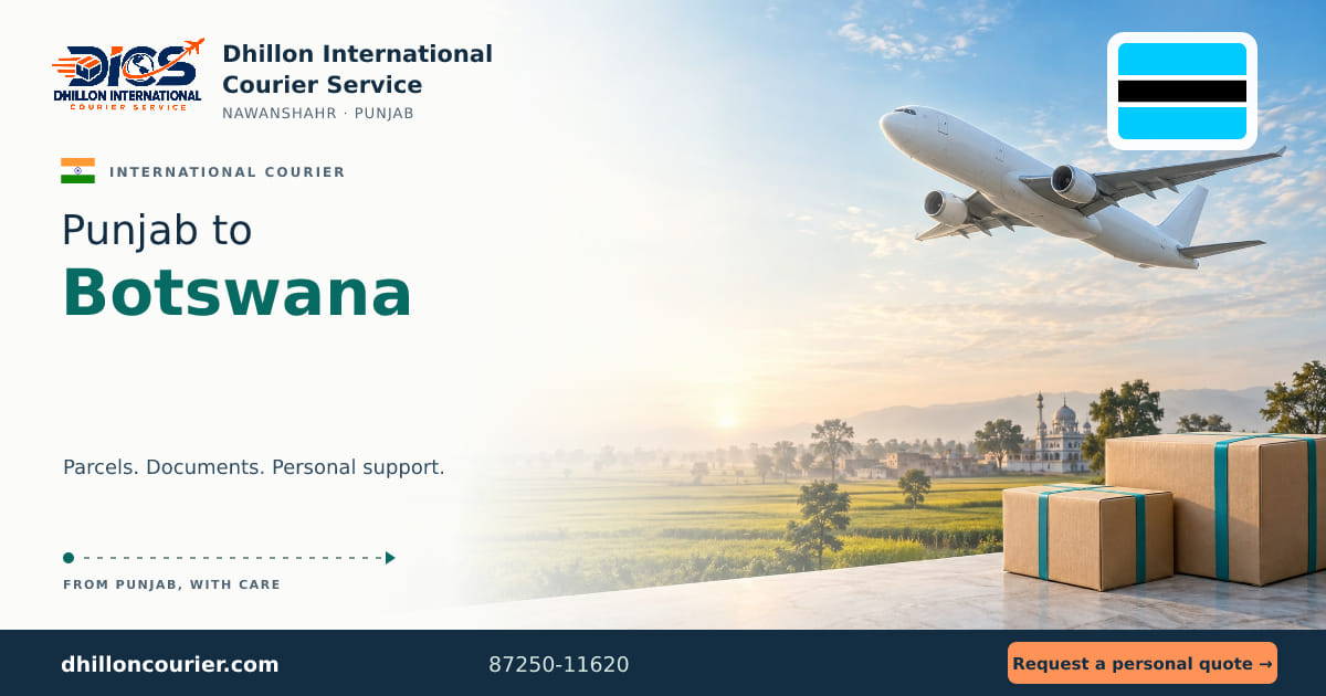 Punjab to Botswana: international courier artwork, with the destination flag, aircraft and parcels