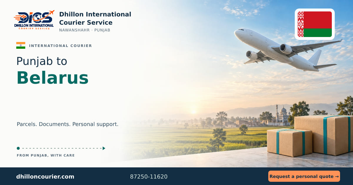 Punjab to Belarus: international courier artwork, with the destination flag, aircraft and parcels