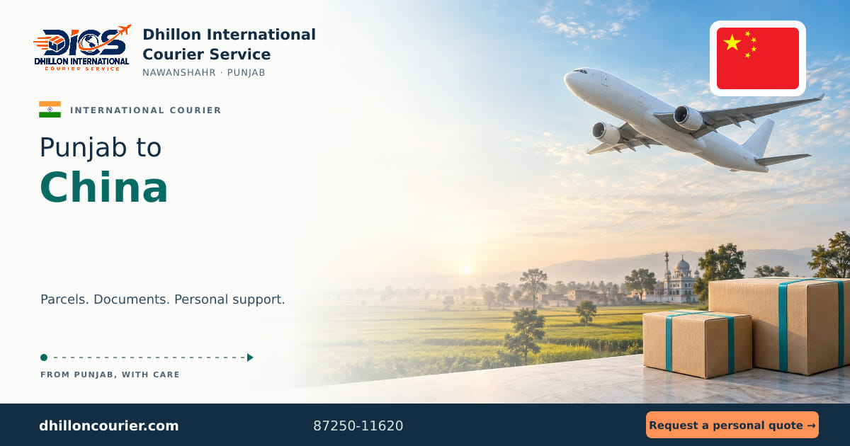 Punjab to China: international courier artwork, with the destination flag, aircraft and parcels