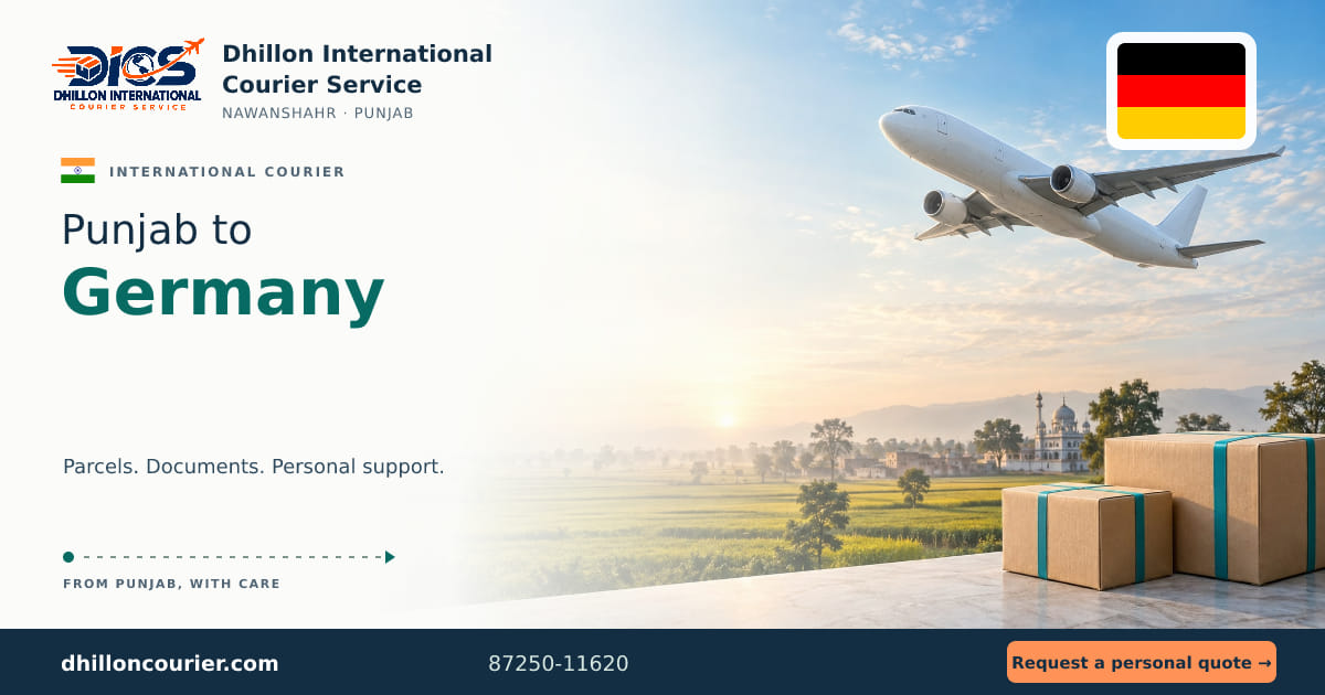 Punjab to Germany: international courier artwork, with the destination flag, aircraft and parcels