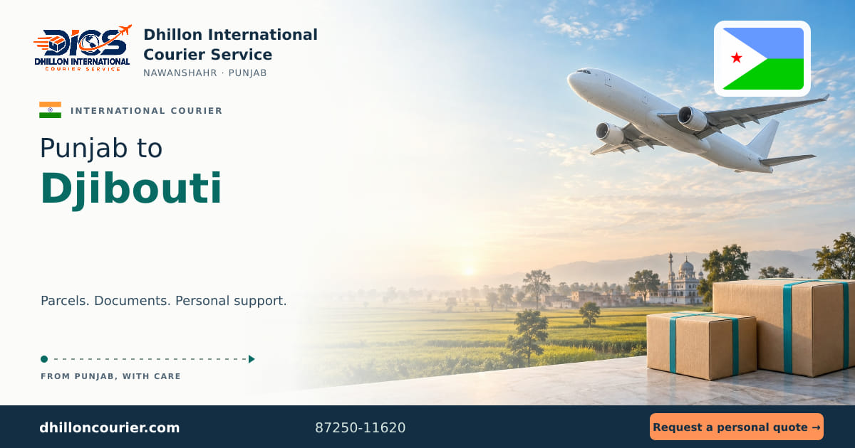 Punjab to Djibouti: international courier artwork, with the destination flag, aircraft and parcels