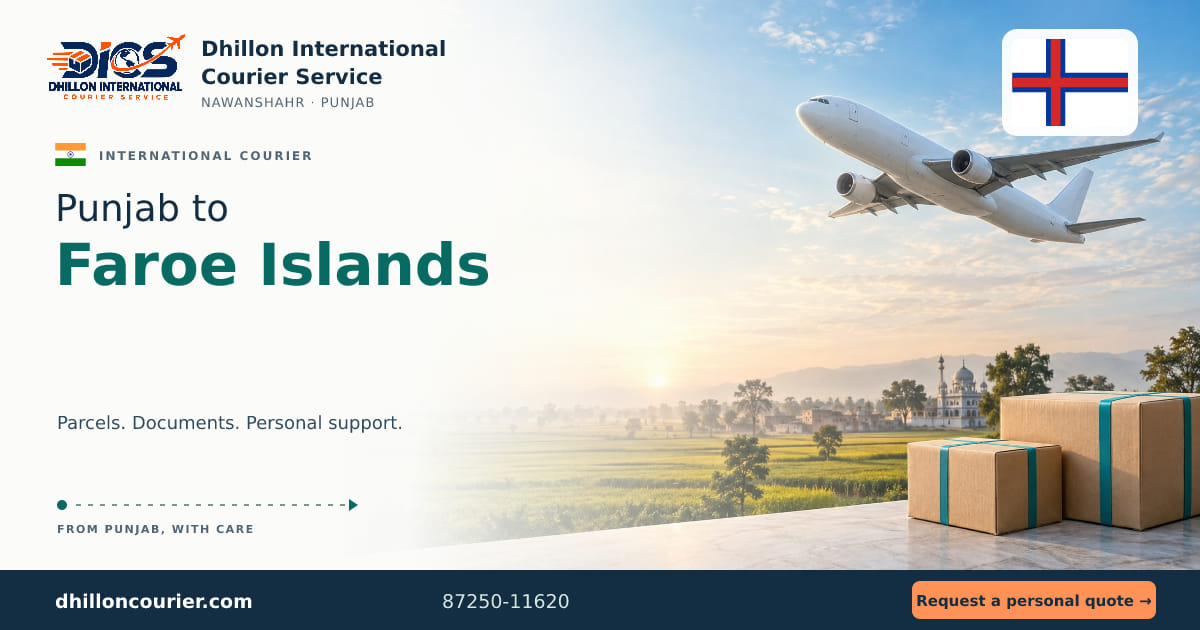 Punjab to Faroe Islands: international courier artwork, with the destination flag, aircraft and parcels