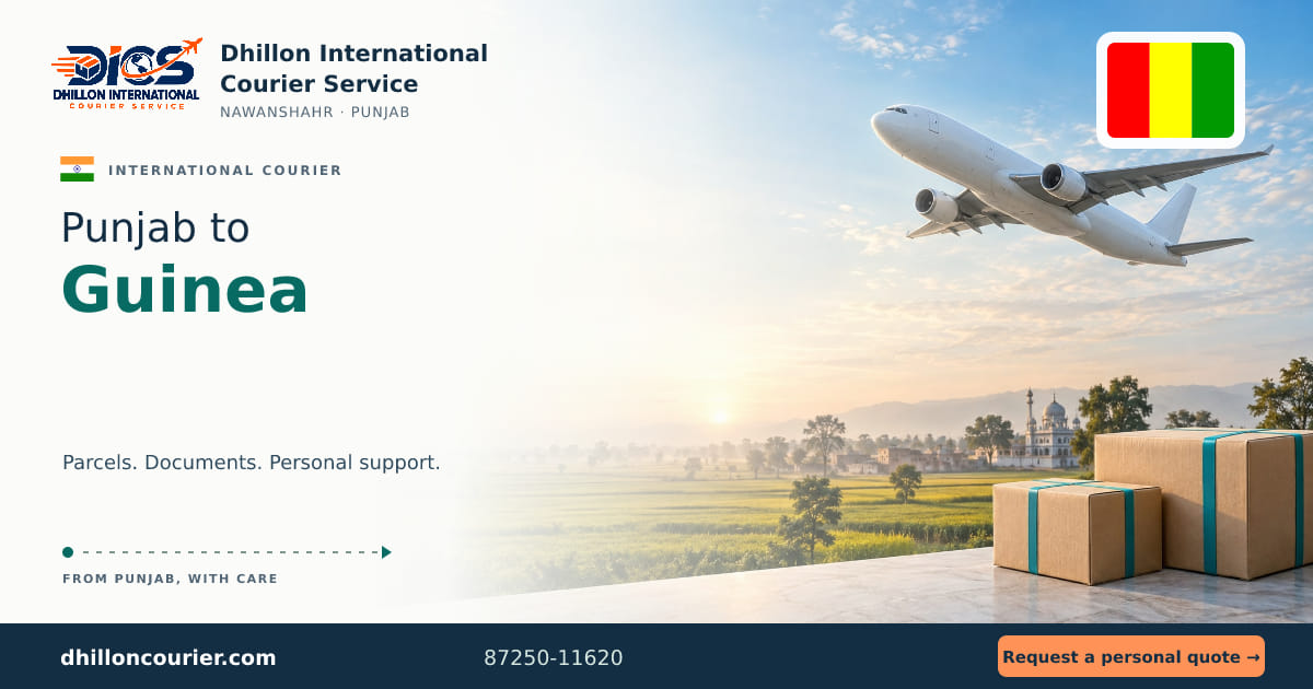 Punjab to Guinea: international courier artwork, with the destination flag, aircraft and parcels