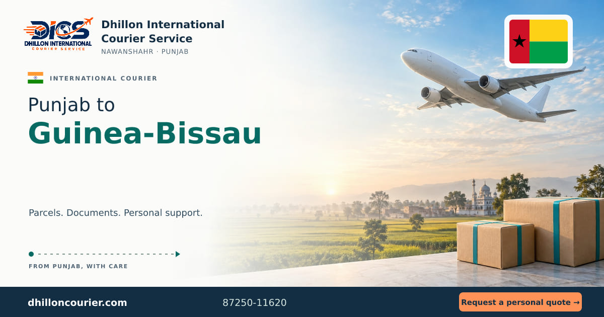 Punjab to Guinea-Bissau: international courier artwork, with the destination flag, aircraft and parcels