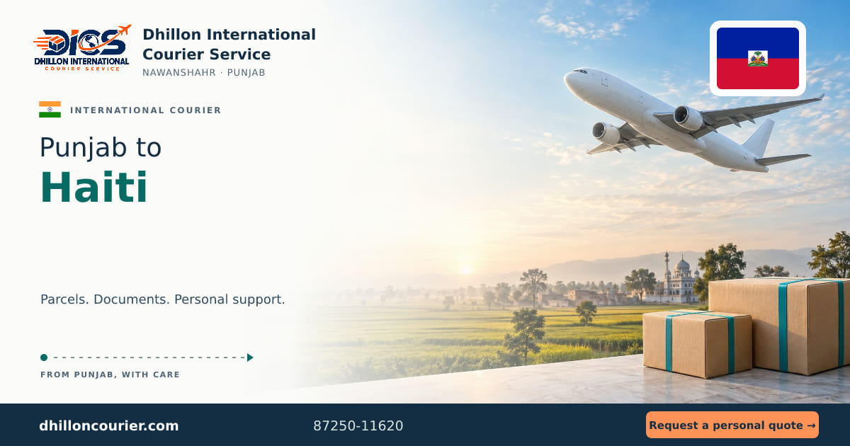 Punjab to Haiti: international courier artwork, with the destination flag, aircraft and parcels