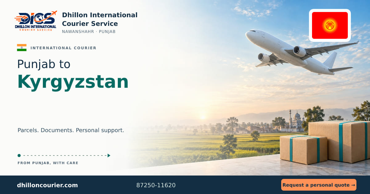 Punjab to Kyrgyzstan: international courier artwork, with the destination flag, aircraft and parcels