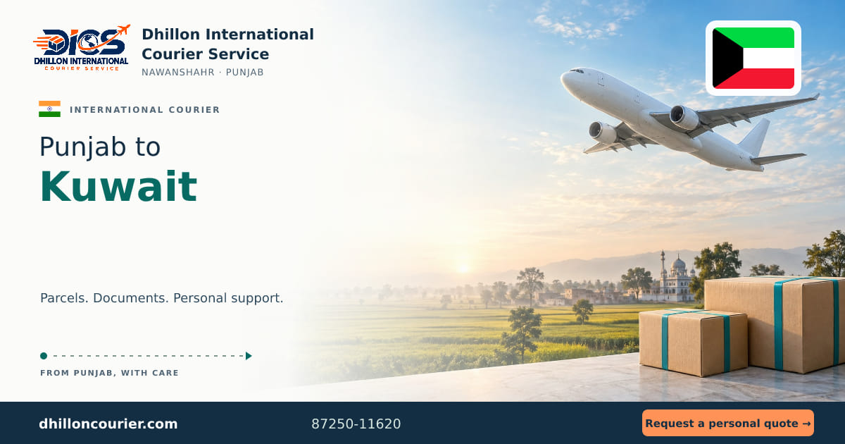 Punjab to Kuwait: international courier artwork, with the destination flag, aircraft and parcels