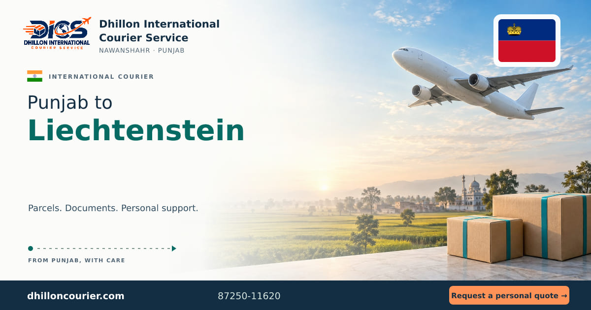 Punjab to Liechtenstein: international courier artwork, with the destination flag, aircraft and parcels