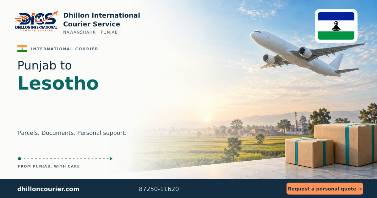 Punjab to Lesotho: international courier artwork, with the destination flag, aircraft and parcels