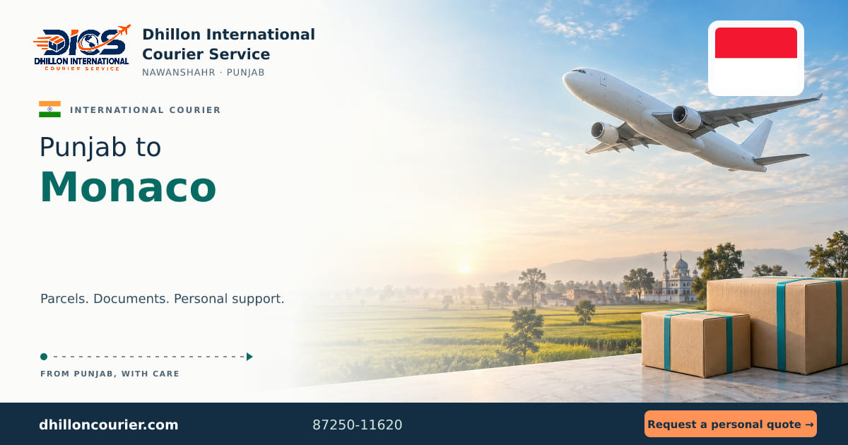 Punjab to Monaco: international courier artwork, with the destination flag, aircraft and parcels