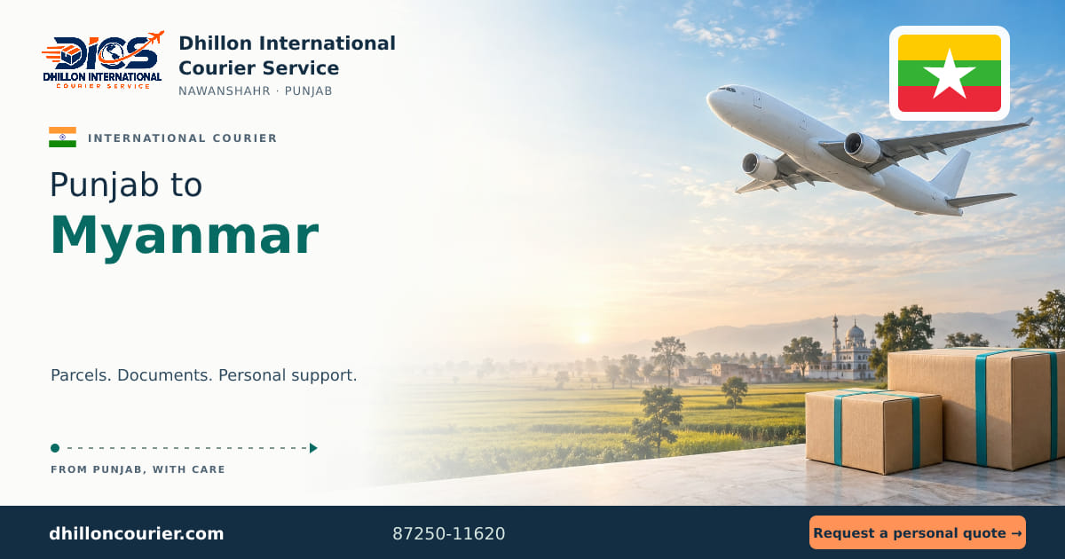 Punjab to Myanmar: international courier artwork, with the destination flag, aircraft and parcels
