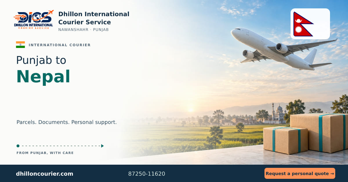 Punjab to Nepal: international courier artwork, with the destination flag, aircraft and parcels