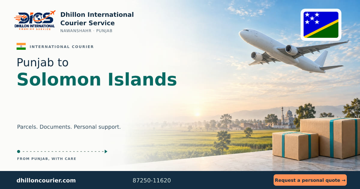 Punjab to Solomon Islands: international courier artwork, with the destination flag, aircraft and parcels