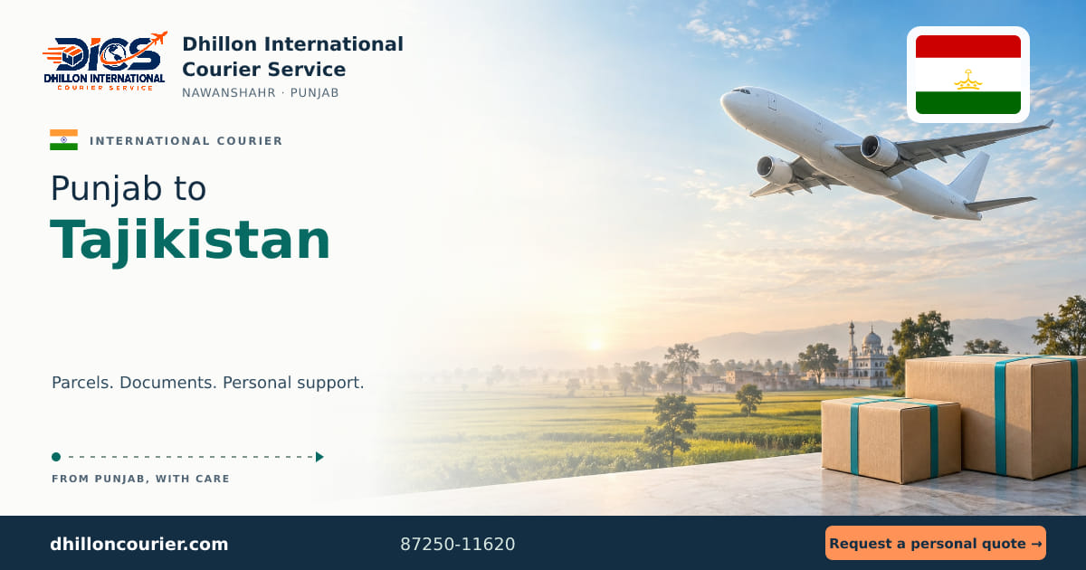 Punjab to Tajikistan: international courier artwork, with the destination flag, aircraft and parcels